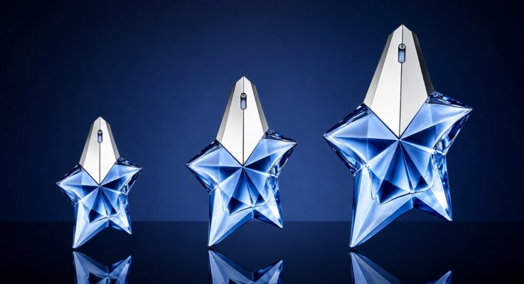 Mugler Angel EDP bottle sizes 25ml 50ml and 100ml side by side comparison
