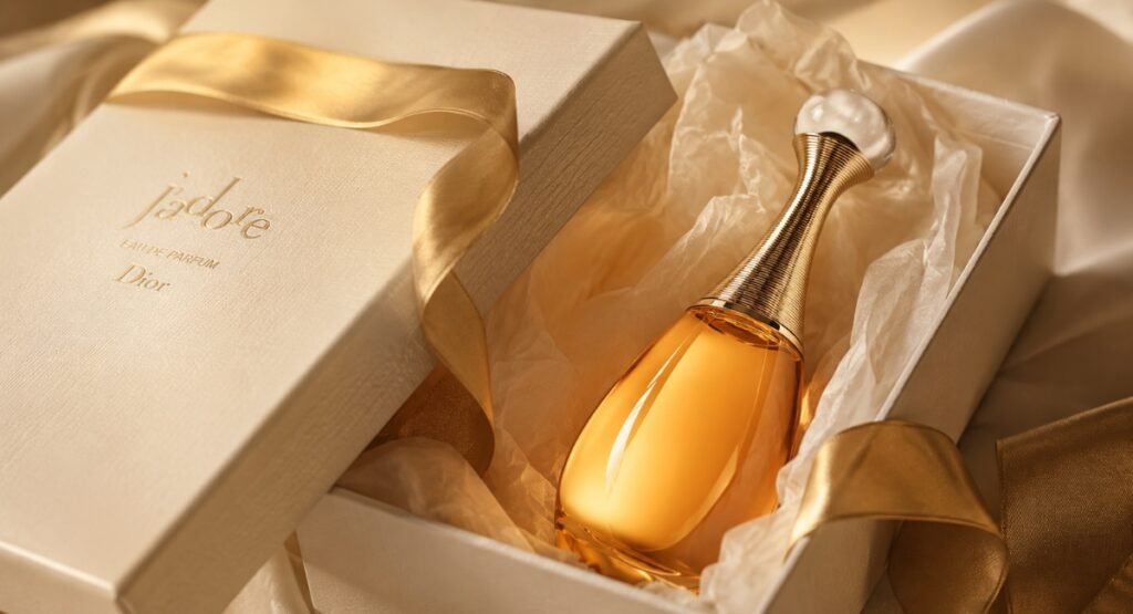Dior J'adore EDP review gift box unboxing with gold ribbon packaging