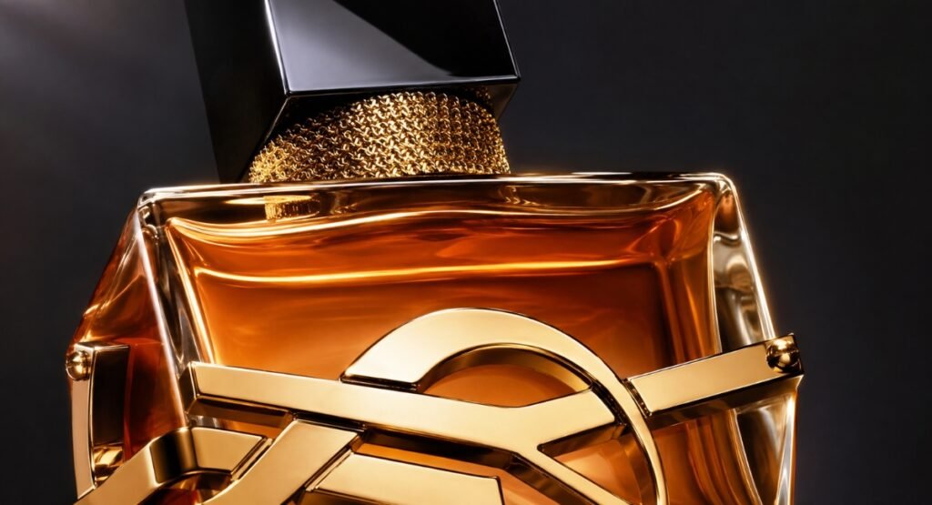YSL Libre Intense EDP camel colored twisted bottle design close up
