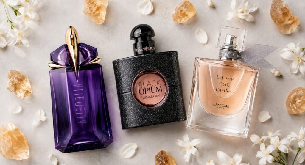 Mugler Alien EDP compared with similar jasmine amber perfume bottles
