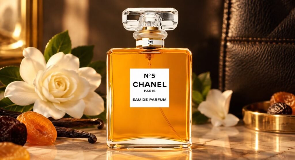 Classic rectangular perfume bottle evoking Chanel No. 5's timeless aldehydic floral character
