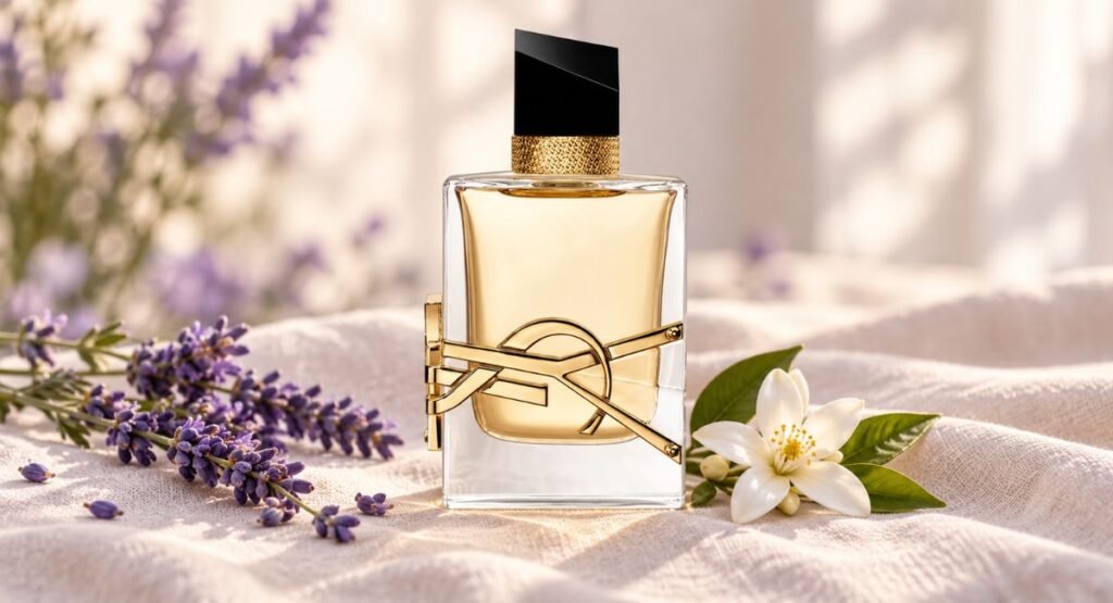 Golden perfume bottle surrounded by lavender sprigs, representing Libre's lavender-orange blossom blend
