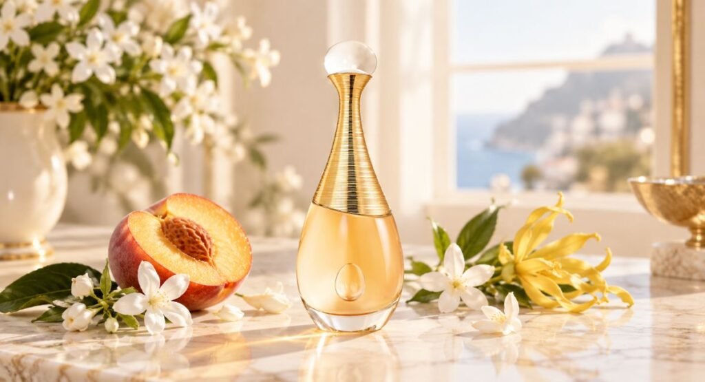 Golden teardrop-shaped perfume bottle with white florals, evoking J'Adore's fruity floral character
