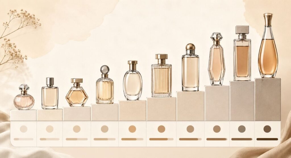 Comparison graphic: a clean side-by-side bar-style visual comparing the ten bottles by relative longevity and price tier, unbranded silhouettes only, no fabricated ratings or numeric scores displayed.