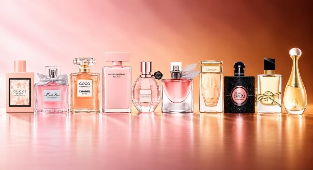  Illustrated comparison of ten women's perfume bottles representing different scent families