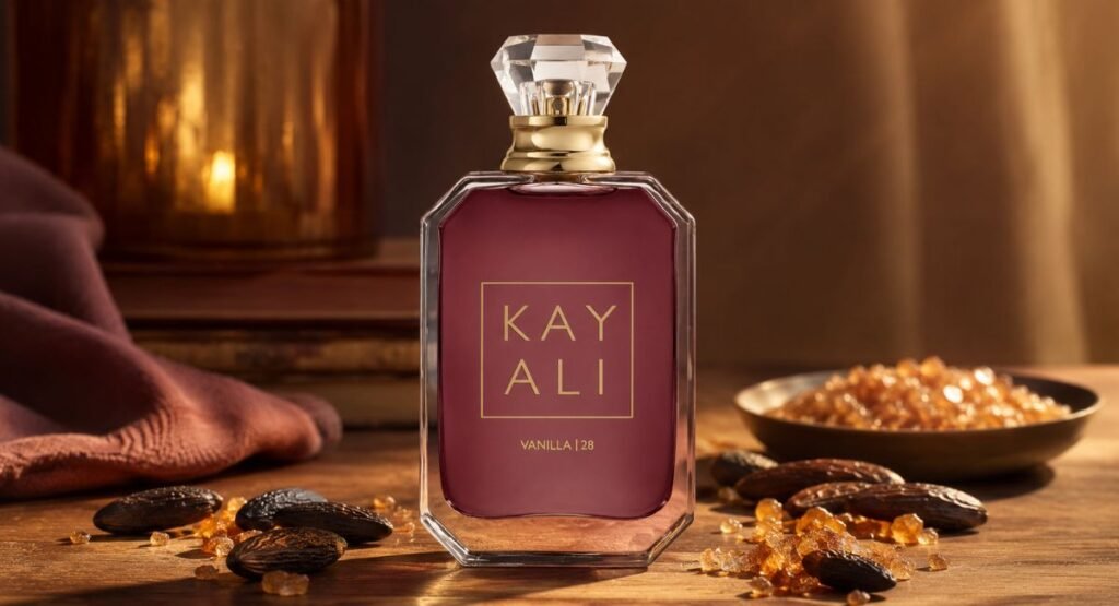 Kayali Vanilla 28 bottle styled with brown sugar and tonka beans
