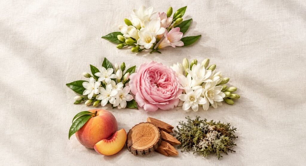 Replica Flower Market fragrance notes pyramid showing top middle and base notes
