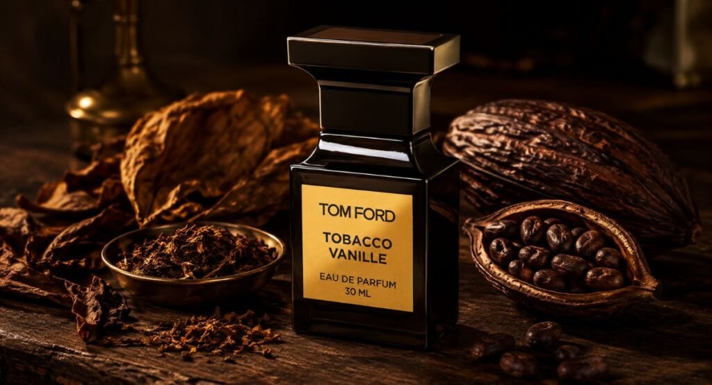Dark luxury perfume bottle styled with tobacco leaves and cacao pods
