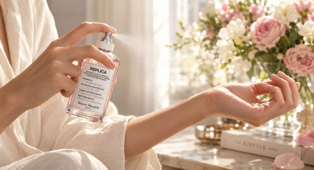 Applying Replica Flower Market perfume to wrist pulse point for better longevity

