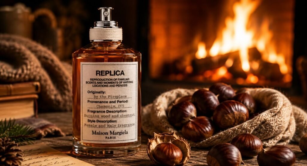 Apothecary-style perfume bottle near roasted chestnuts and a soft fire glow.
Maison Margiela By the Fireplace
