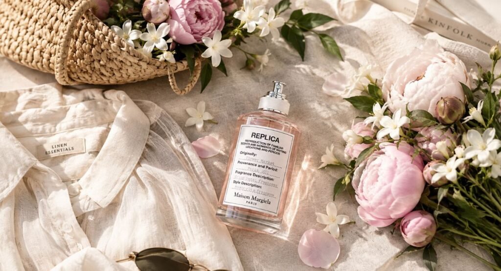Replica Flower Market perfume styled with spring outfit and fresh flowers
