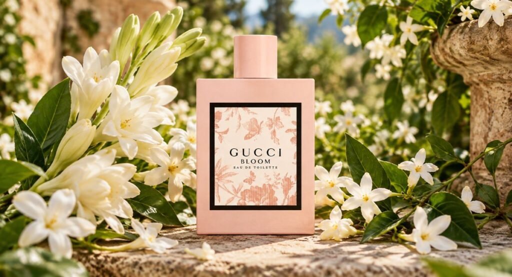 Soft pink floral perfume bottle representing Gucci Bloom's jasmine and tuberose garden theme
