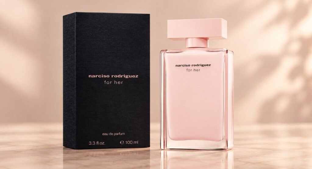 Minimalist black perfume bottle representing For Her's clean musk simplicity
