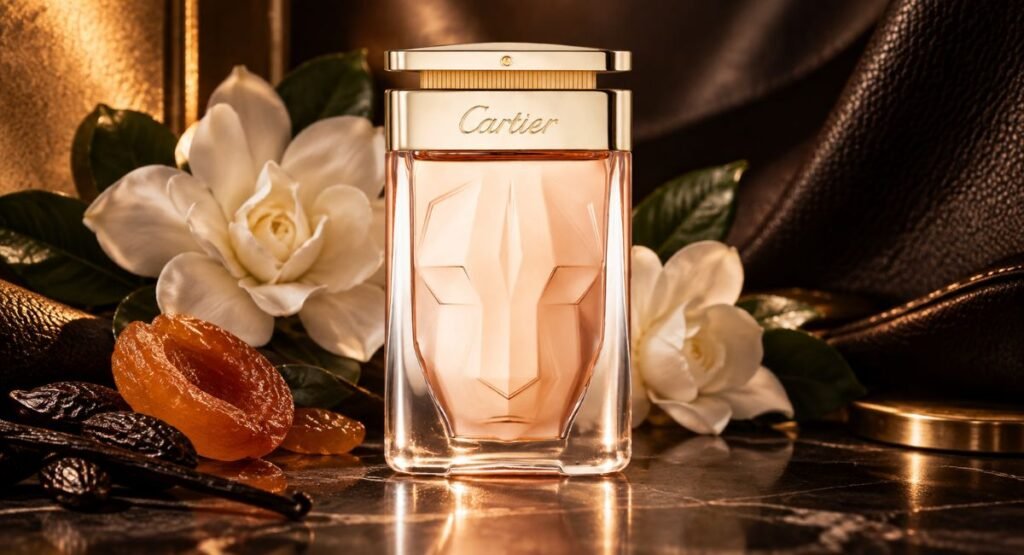 Bold amber perfume bottle with a panther motif styling, evoking La Panthère's chypre-leather character
