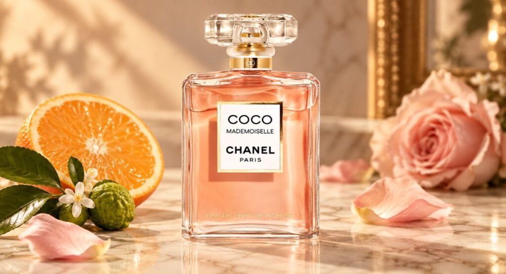 Elegant amber-toned perfume bottle evoking Coco Mademoiselle's warm rose and patchouli scent

