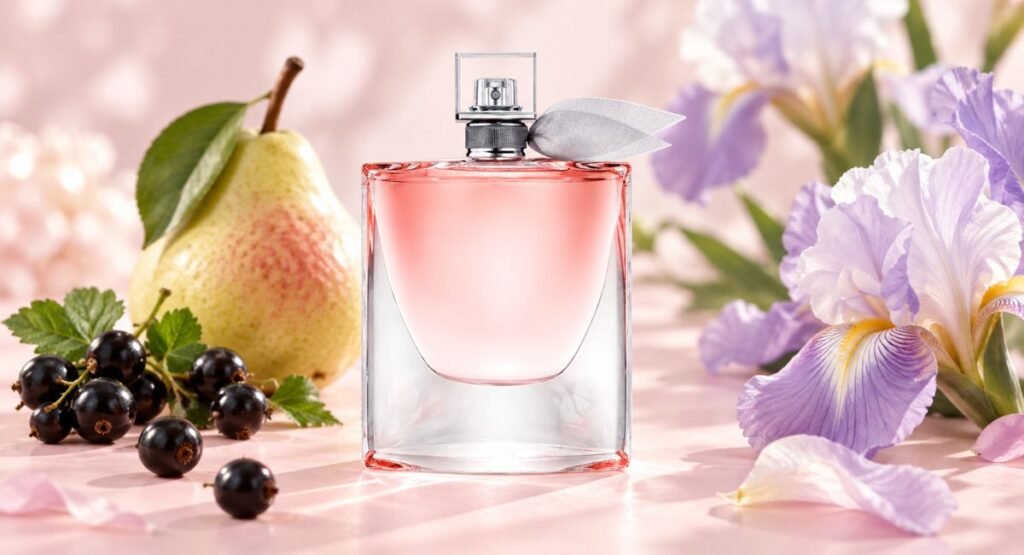 Pink-toned perfume bottle with praline and blackcurrant styling, representing La Vie Est Belle's gourmand notes
