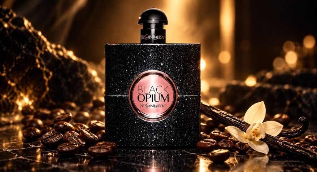 Dark, glossy perfume bottle styled to evoke Black Opium's coffee and vanilla gourmand notes
