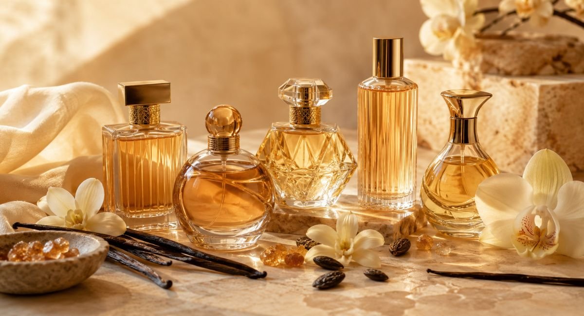 vanilla perfume bottles with vanilla pods on cream linen